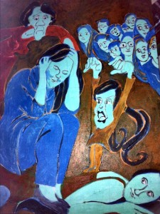 This is called 'Breakdown,' and it's in the very early stages. I reference my favorite well worn "Book of Facial Expressions" to assist me. I do this drawing on canvas and a many times on paper. What you see here is an under-painting. When I paint and sketch Breakdown, I don't know how it will end up. But I know the pain it stems from bubbles up and away every time I work on this piece.