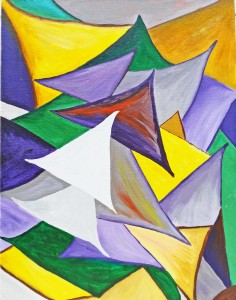 "The Preseli Mountains." This painting by Patrick Jasper Lee symbolises the triangular confusion and chaos, yet the sense of adventure, which took place on the Preseli Mountains in Wales during the Neolithic Revolution when the ancient monuments were being built about 7,000 years ago.