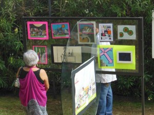 A fan admiring the art