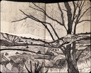 Angela Weddle "Sunrise over Davis Mountains" pen & ink